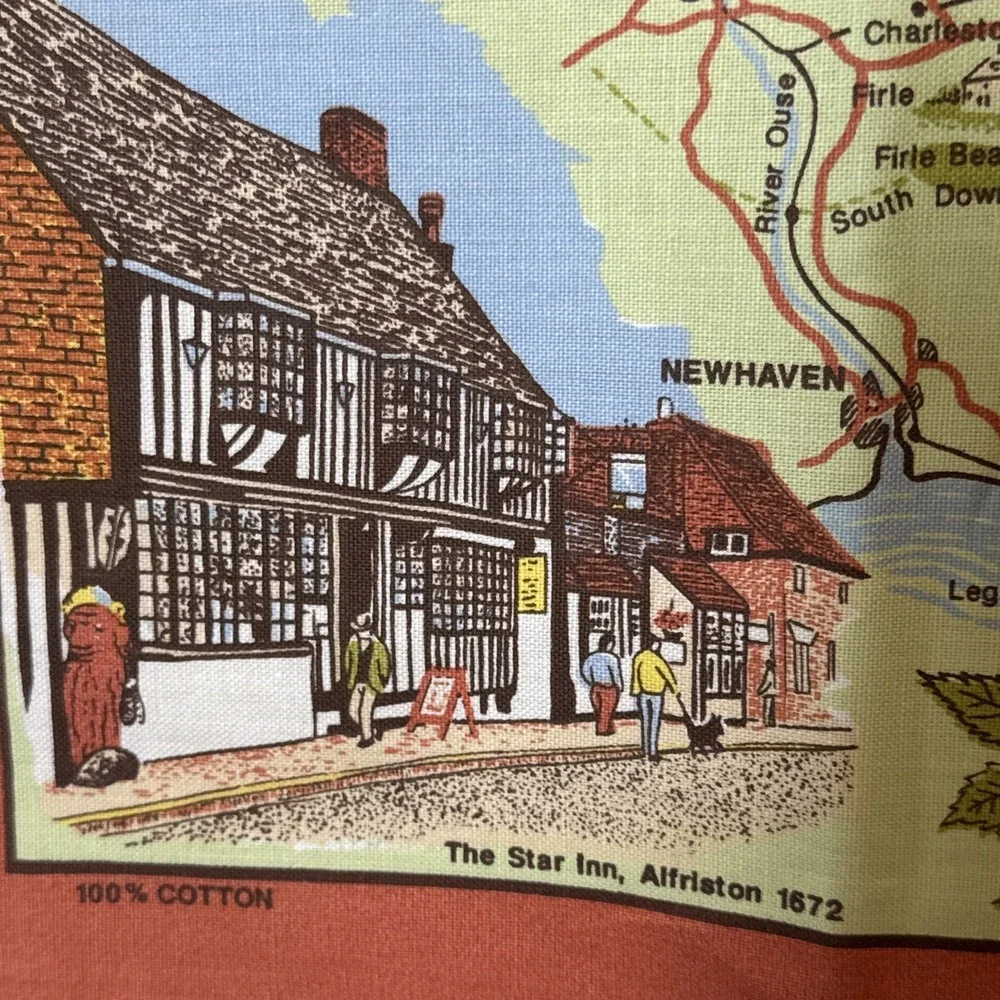 Vintage Alfriston England Souvenir Tea Towel 100% Cotton 30